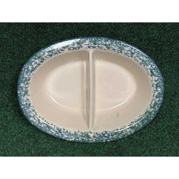 Gerald Henn Workshops Spongeware Oval Divided Dish GREEN & BLUE Stoneware - Picture 2 of 9